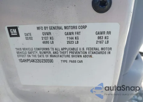 2002 Buick Lesabre Custom z USA, uszkodzony, nr VIN 1G4HP54K22U230590